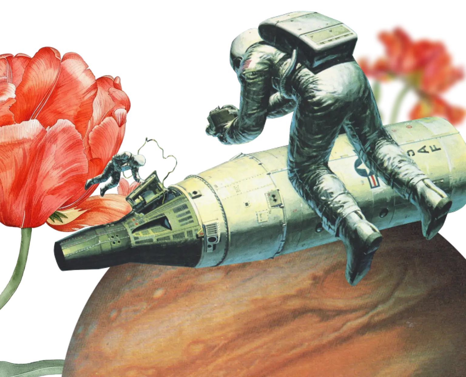 Collage of an astronaut riding a rocket over a planet, among tulips